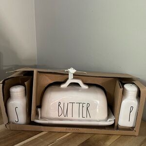RAE DUNN butter dish, salt & pepper set brand new never used